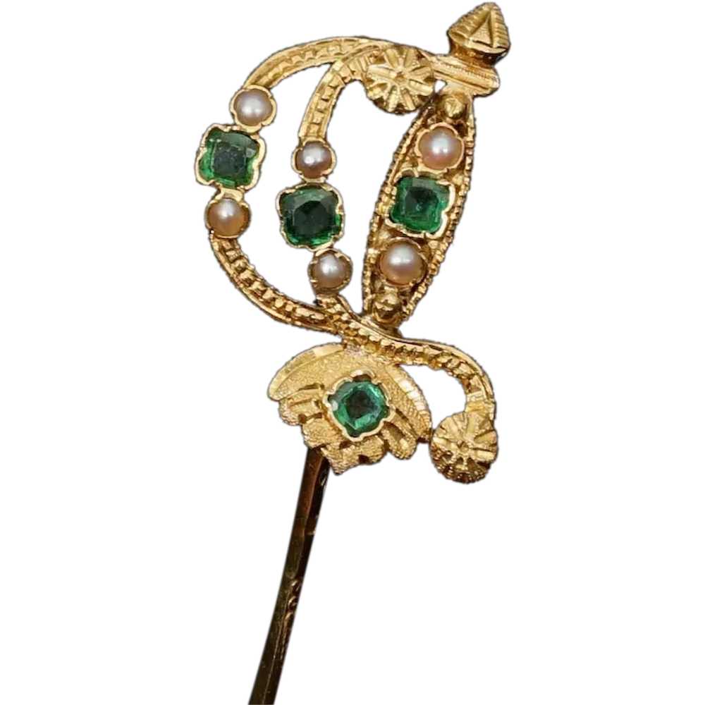 Antique French 18K Gold Emerald & Pearl Sword Sti… - image 1