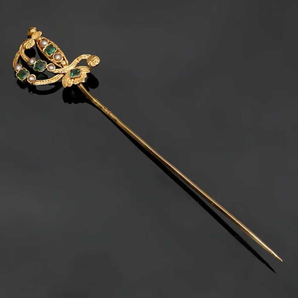 Antique French 18K Gold Emerald & Pearl Sword Sti… - image 2