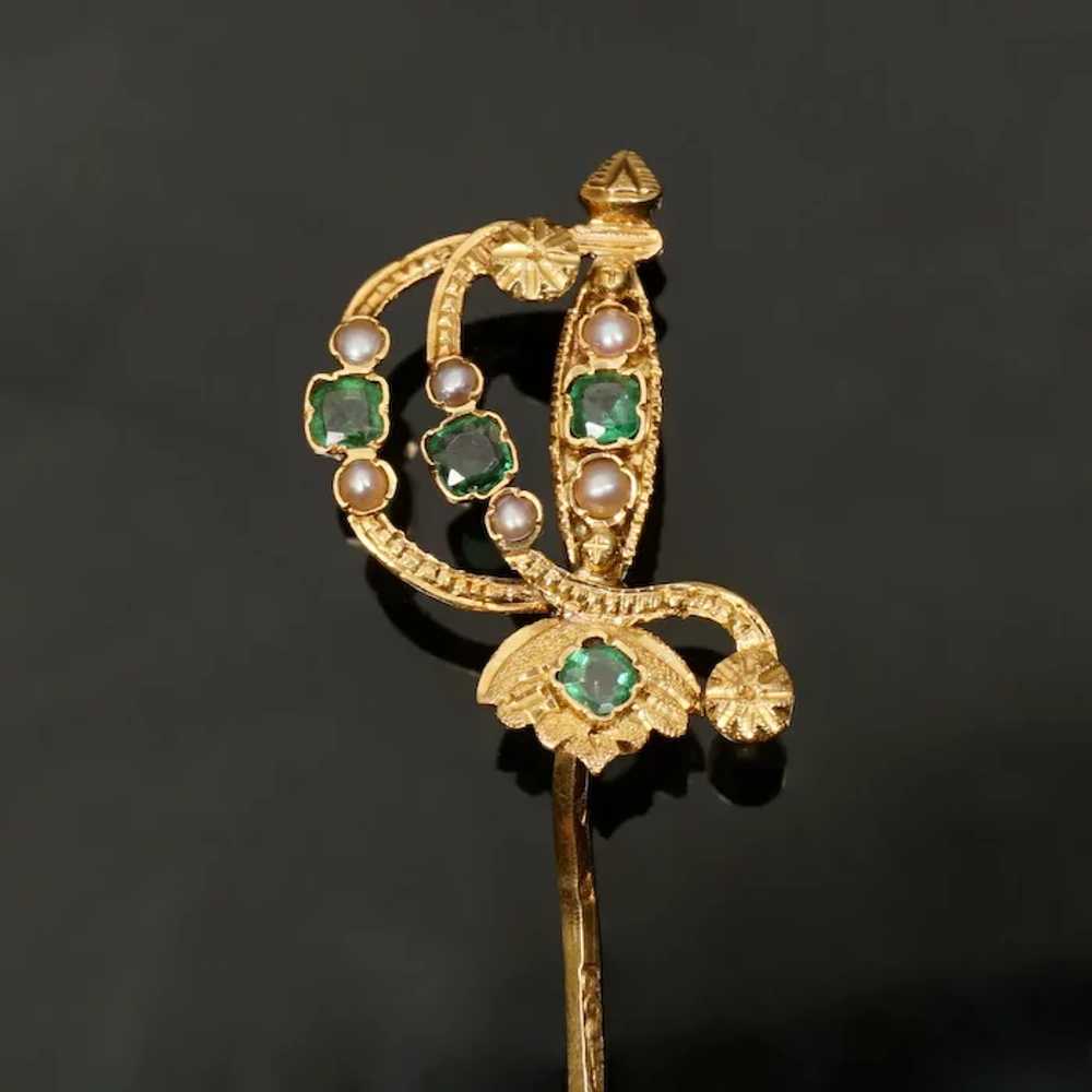 Antique French 18K Gold Emerald & Pearl Sword Sti… - image 3