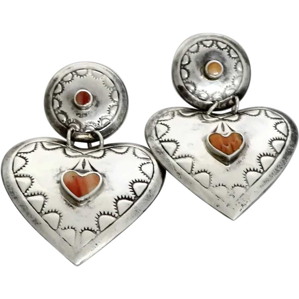 Vintage Southwest Sterling + Coral Large Heart Ea… - image 1