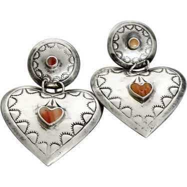 Vintage Southwest Sterling + Coral Large Heart Ea… - image 1