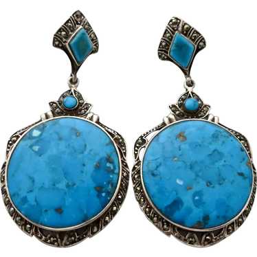 Art Nouveau Style Turquoise + Marcasite Sterling … - image 1