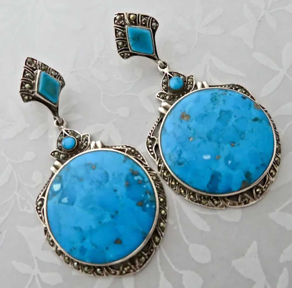 Art Nouveau Style Turquoise + Marcasite Sterling … - image 3