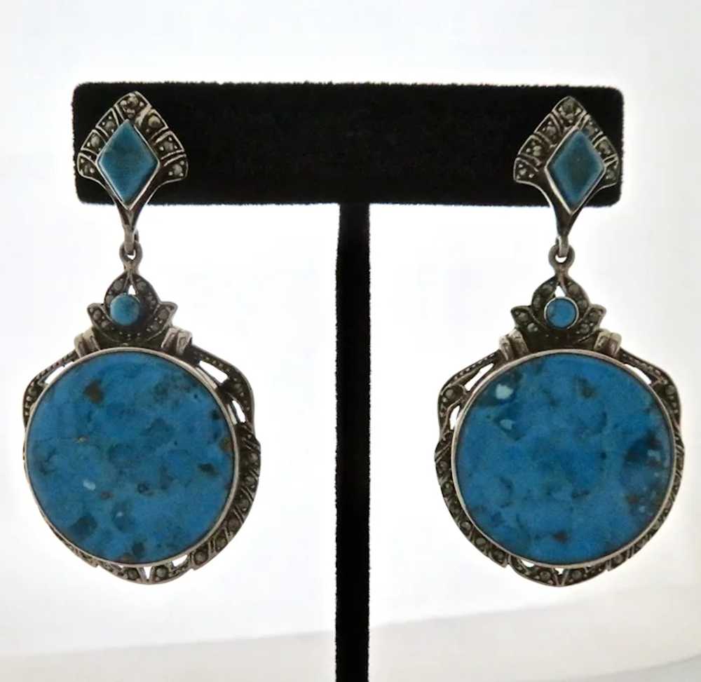 Art Nouveau Style Turquoise + Marcasite Sterling … - image 5