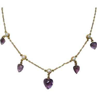 Edwardian Amethyst Pearl 14K Yellow Gold Necklace