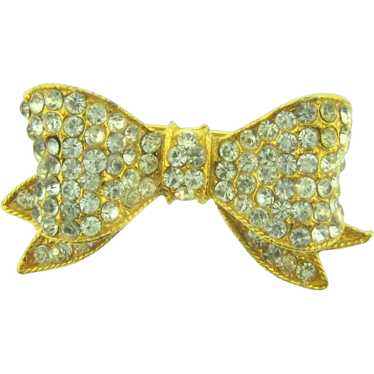 Vintage gold tone bow Brooch with crystal rhinest… - image 1