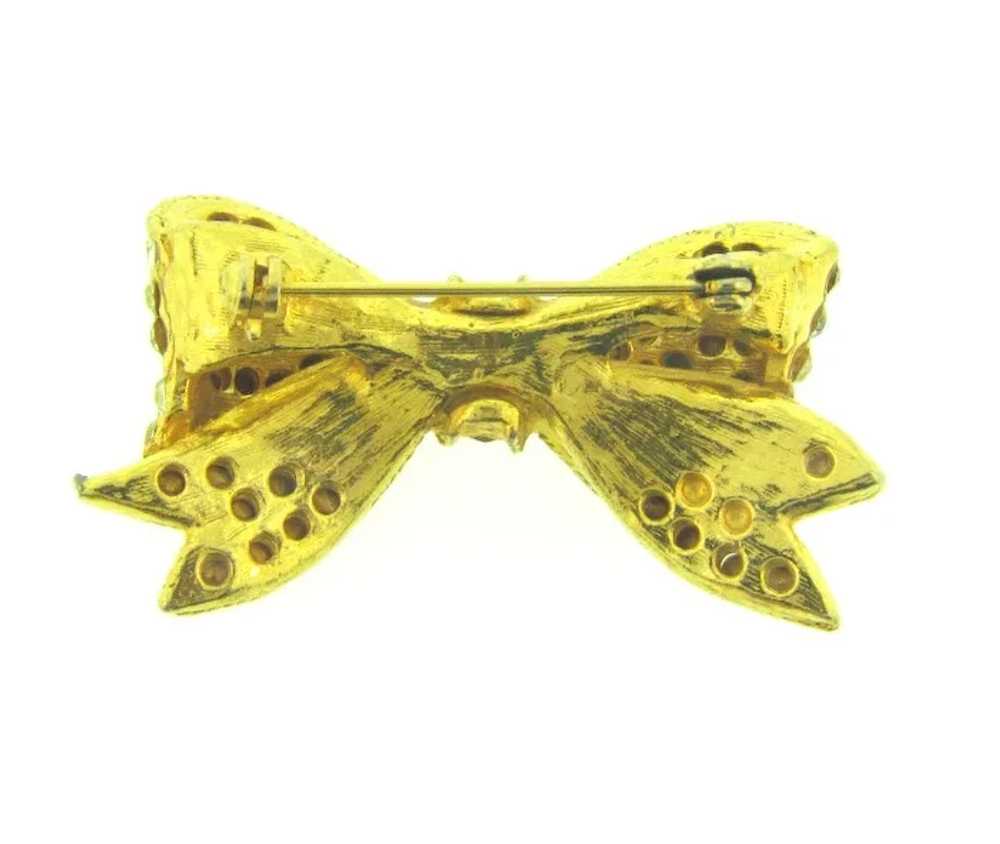 Vintage gold tone bow Brooch with crystal rhinest… - image 2