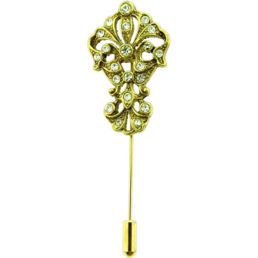 Vintage gold tone ornate Stick Pin with crystal r… - image 1