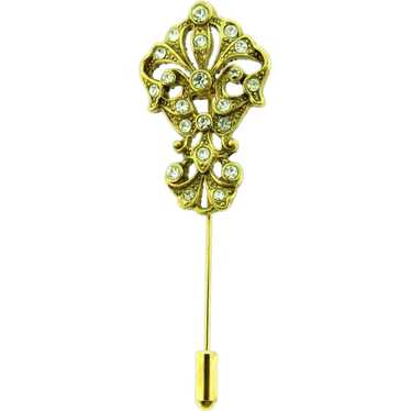 Vintage gold tone ornate Stick Pin with crystal r… - image 1