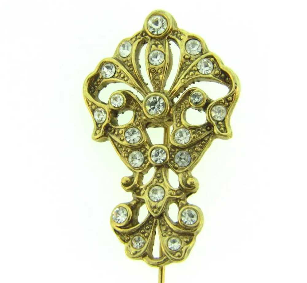 Vintage gold tone ornate Stick Pin with crystal r… - image 2