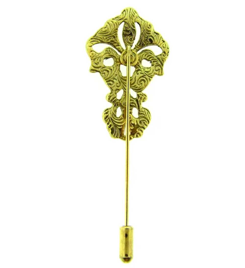 Vintage gold tone ornate Stick Pin with crystal r… - image 3