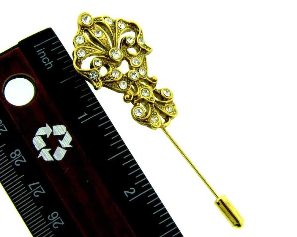 Vintage gold tone ornate Stick Pin with crystal r… - image 4