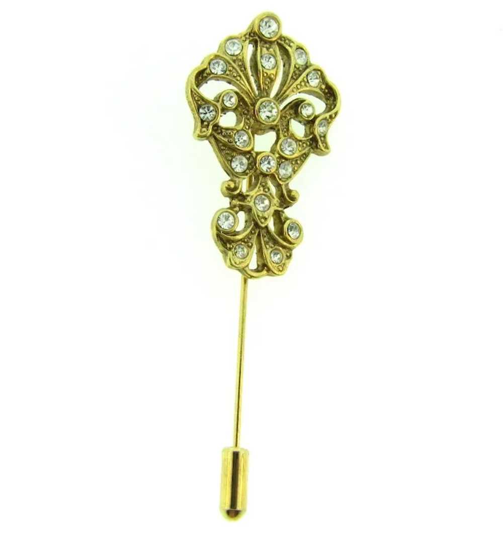Vintage gold tone ornate Stick Pin with crystal r… - image 5