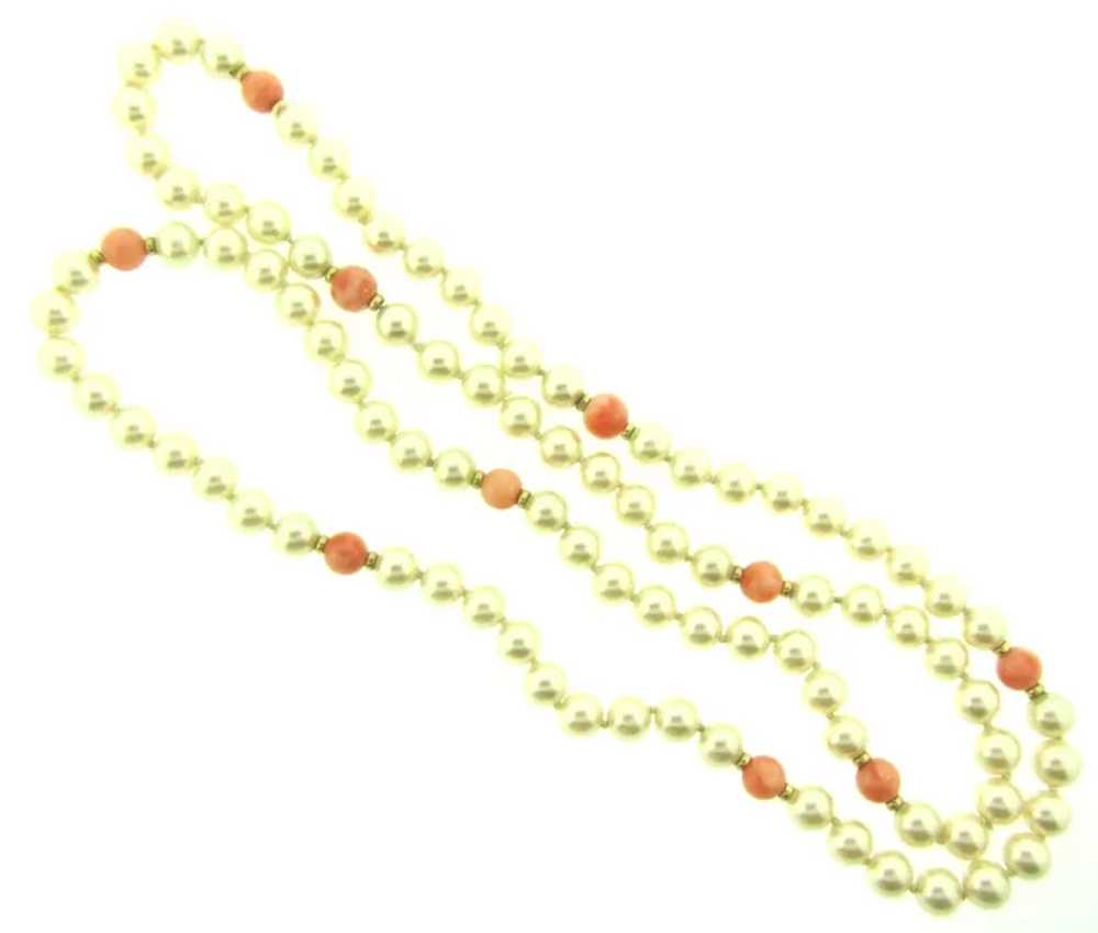 Vintage faux pearl and coral colored glass beaded… - image 2