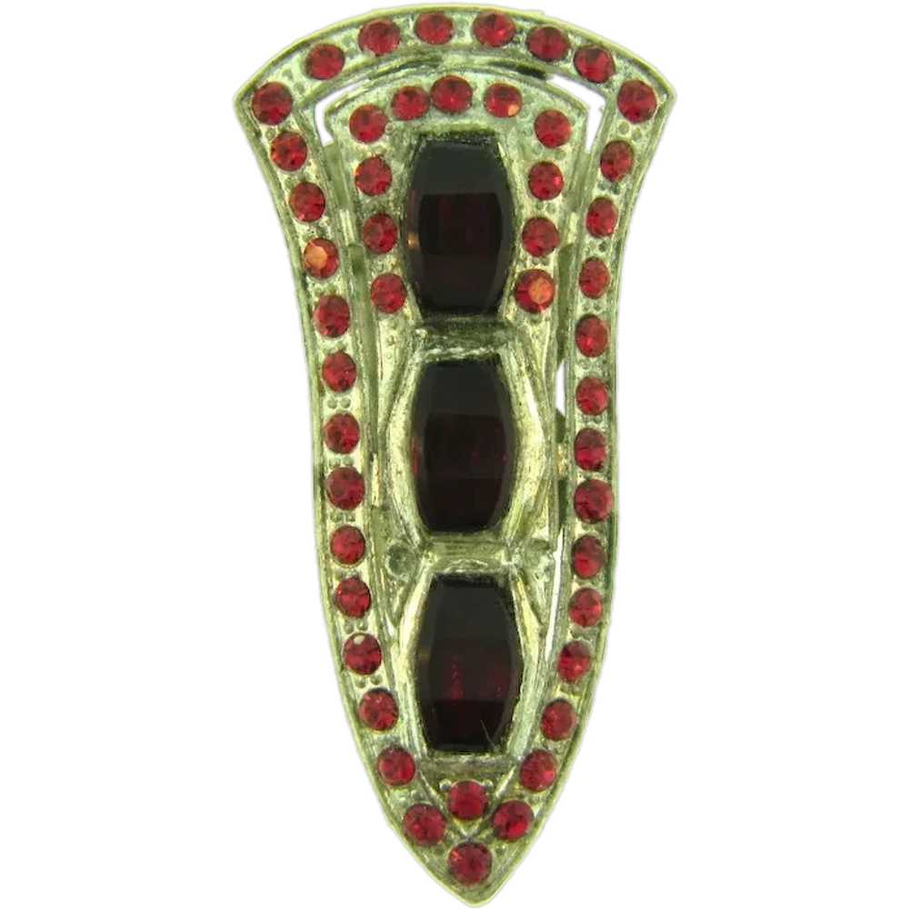 Vintage Art Deco pot metal Dress Clip with red rh… - image 1