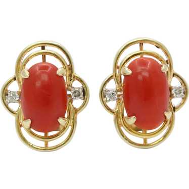 Vintage Oxblood Red Coral and Diamond 14K Gold Cl… - image 1