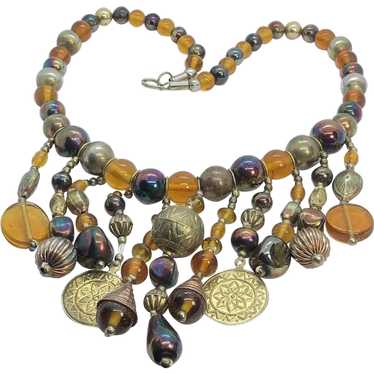 Unique Vintage Beaded Fringe Tribal Look Necklace… - image 1