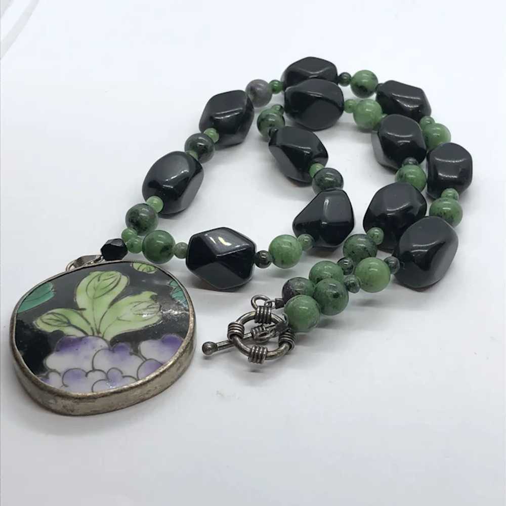 17" Black Glass, Green Semi Precious Stone & Pain… - image 6