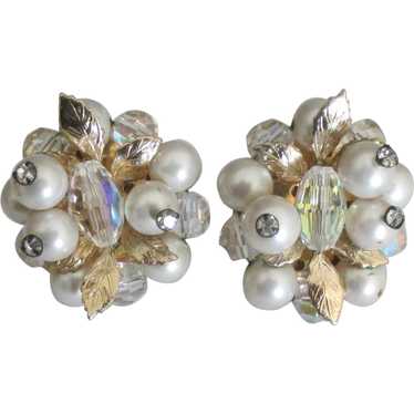 Lovely Mid-Century Vendome Faux Pearl Crystal Ear… - image 1