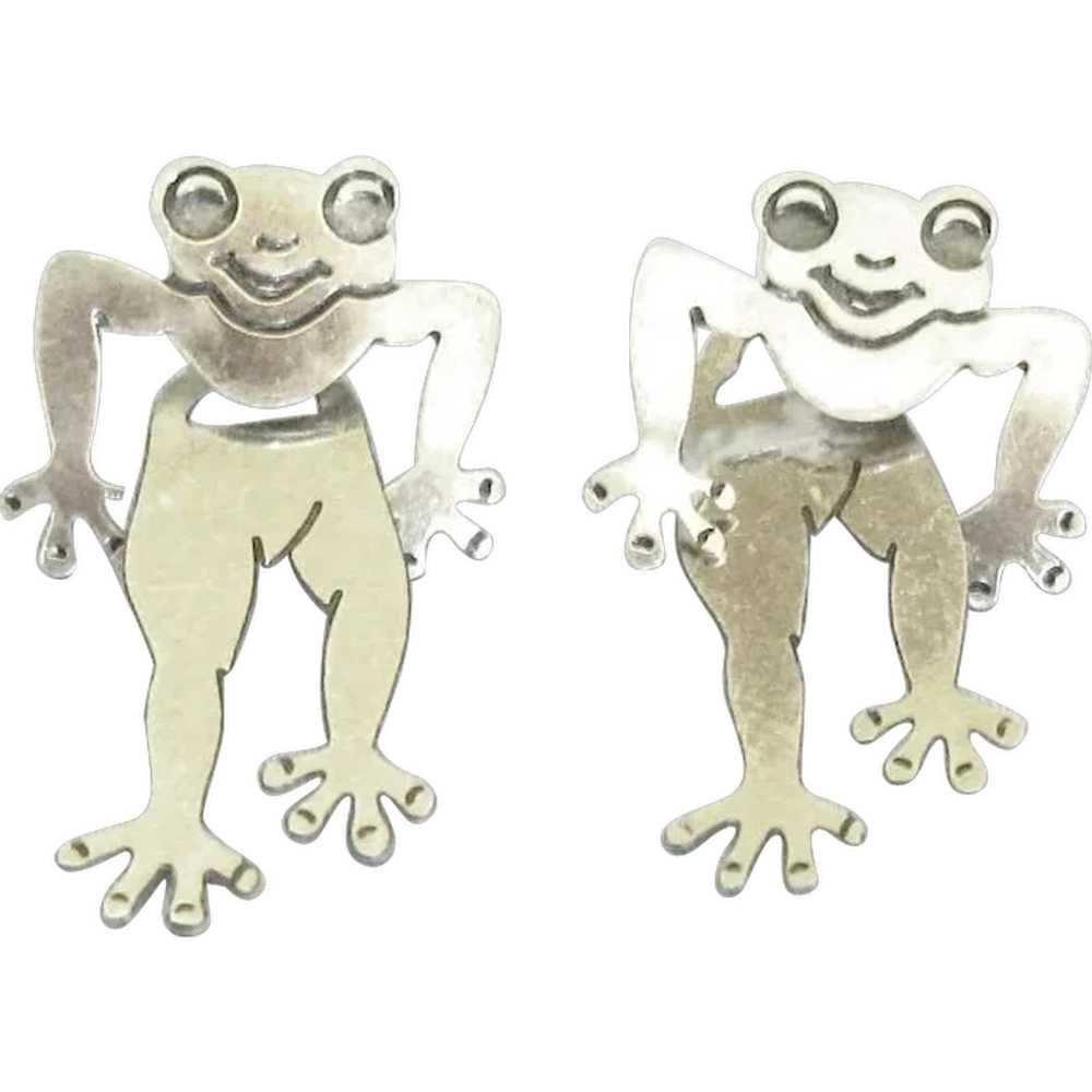 Vintage Signed Sterling Frog 2 Part Pierced Earri… - image 1