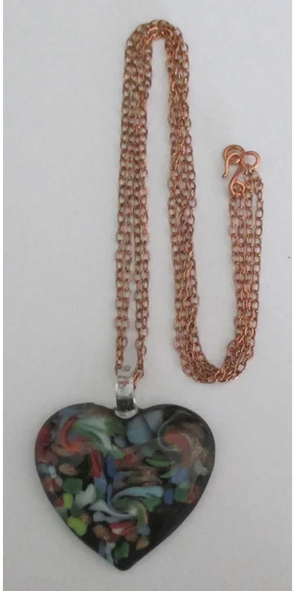 Large Vintage Swirled Art Glass Heart Pendant - image 2