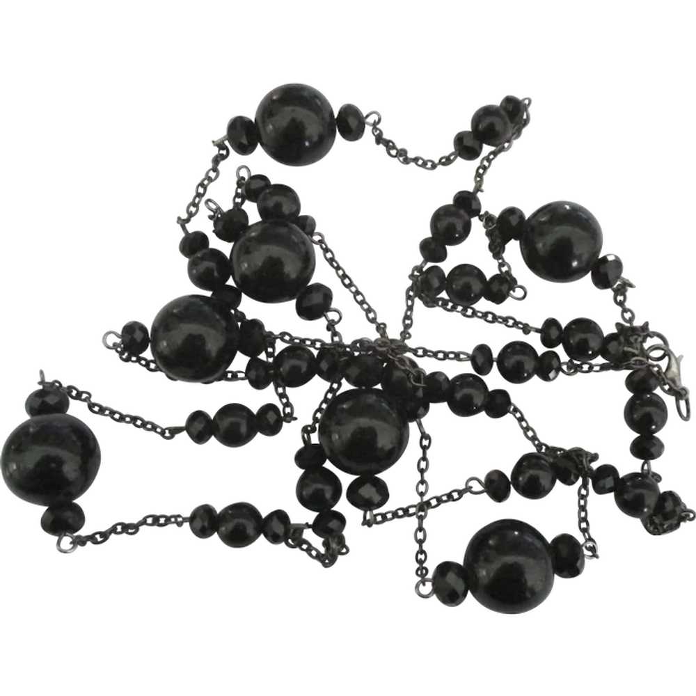 Estate Black Glass Bead and Chain Sautoir 50" Nec… - image 1