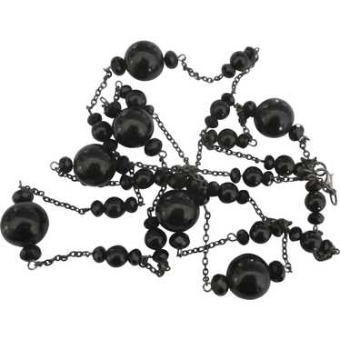 Estate Black Glass Bead and Chain Sautoir 50" Nec… - image 1