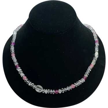 Vintage 28" Long Rock Crystal Clear & Pink Beaded… - image 1