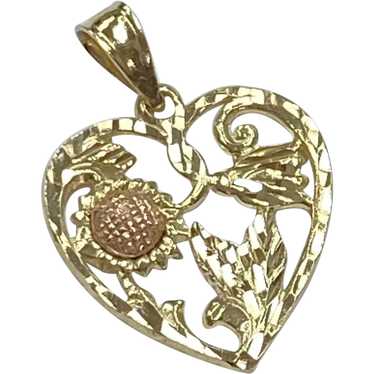 Floral Sunflower Detail Heart Charm 14K Yellow & … - image 1