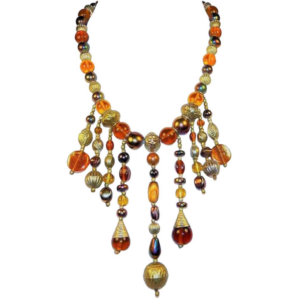 Mixed Bead Bib Necklace Tigers Eye Iridescent Orb… - image 1