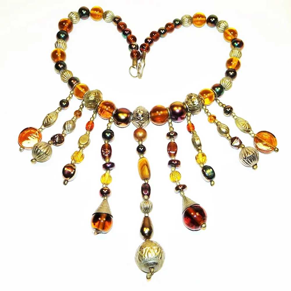 Mixed Bead Bib Necklace Tigers Eye Iridescent Orb… - image 5