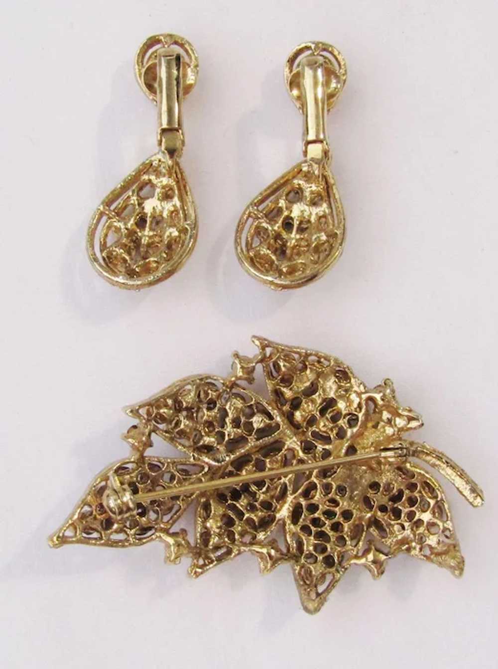 Vintage Rhinestone Leaf Brooch And Matching Earri… - image 4