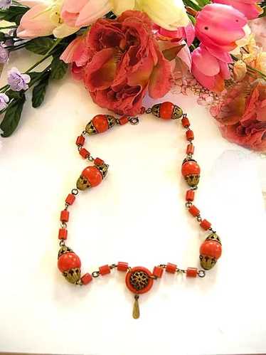 Vintage Old Celluloid Coral Colored Drippy Necklac