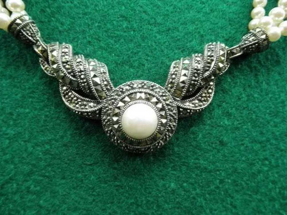 Fabulous Sterling  Faux Pearl and Marcasite Deco … - image 3