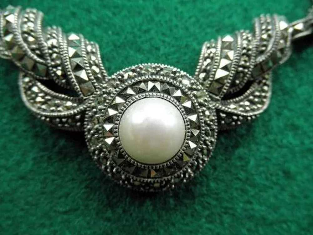 Fabulous Sterling  Faux Pearl and Marcasite Deco … - image 4