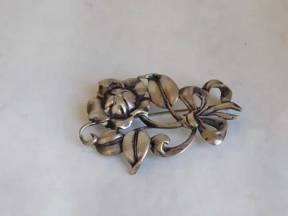 Vintage Sterling Pin / Brooch Rose w Bow - image 2