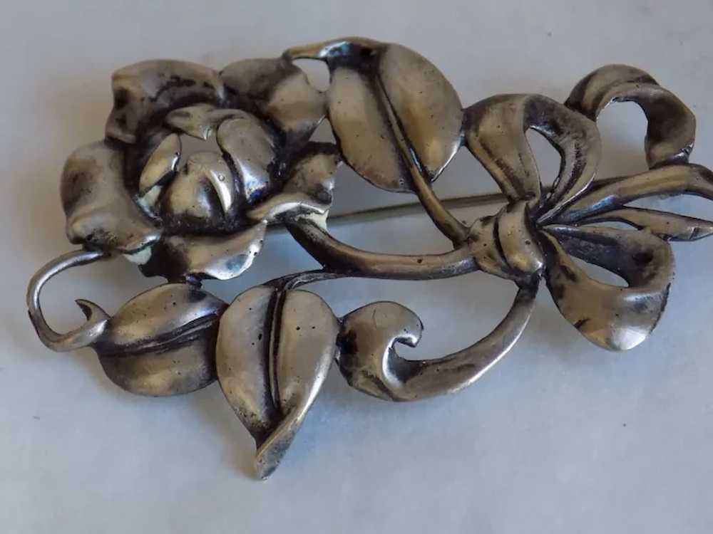 Vintage Sterling Pin / Brooch Rose w Bow - image 3