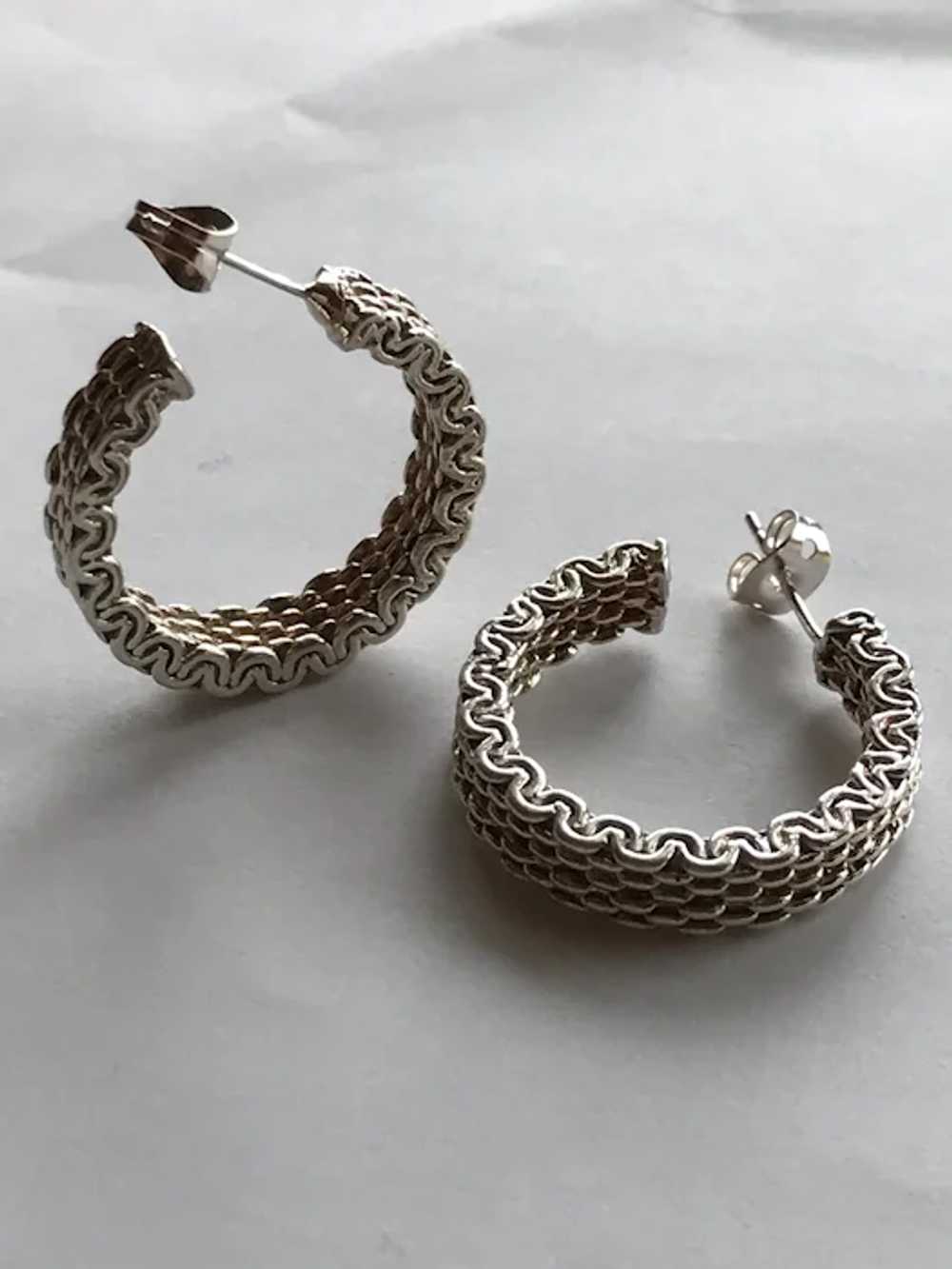 Vintage Sterling Silver Stylized Mesh Hoop Earrin… - image 2