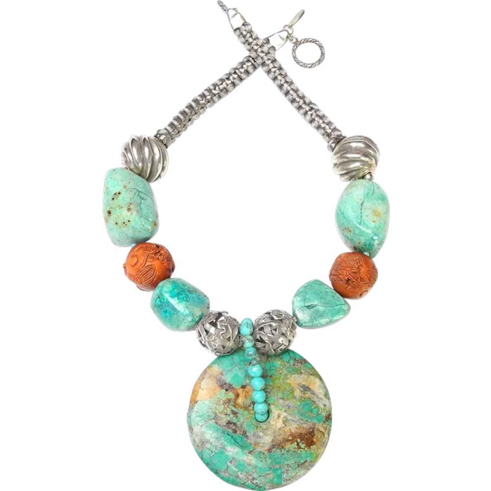 Turquoise Disc on  Necklace of Chrysocolla, Silve… - image 1