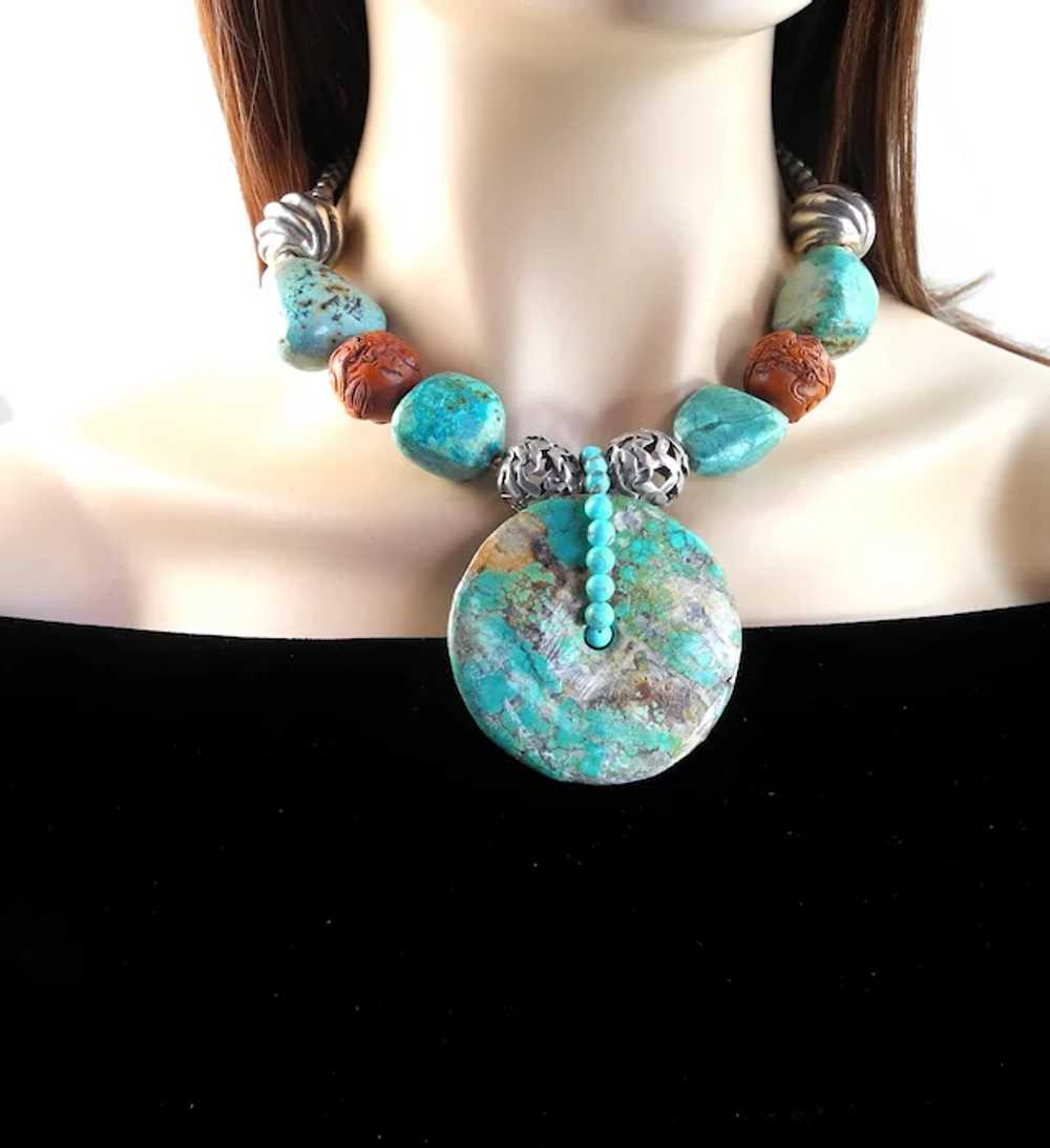 Turquoise Disc on  Necklace of Chrysocolla, Silve… - image 2