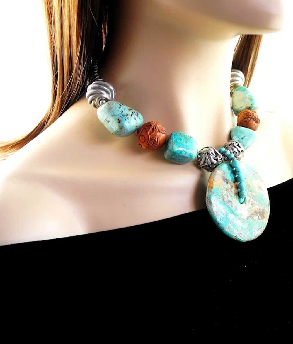 Turquoise Disc on  Necklace of Chrysocolla, Silve… - image 3