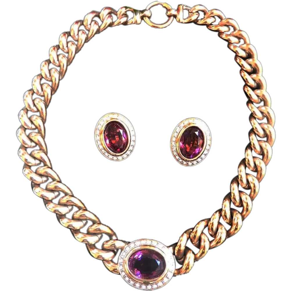Designer Faux Amethyst and curb chain Necklace an… - image 1
