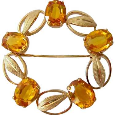 14K Gold Yellow Sapphire Circle Brooch Signed