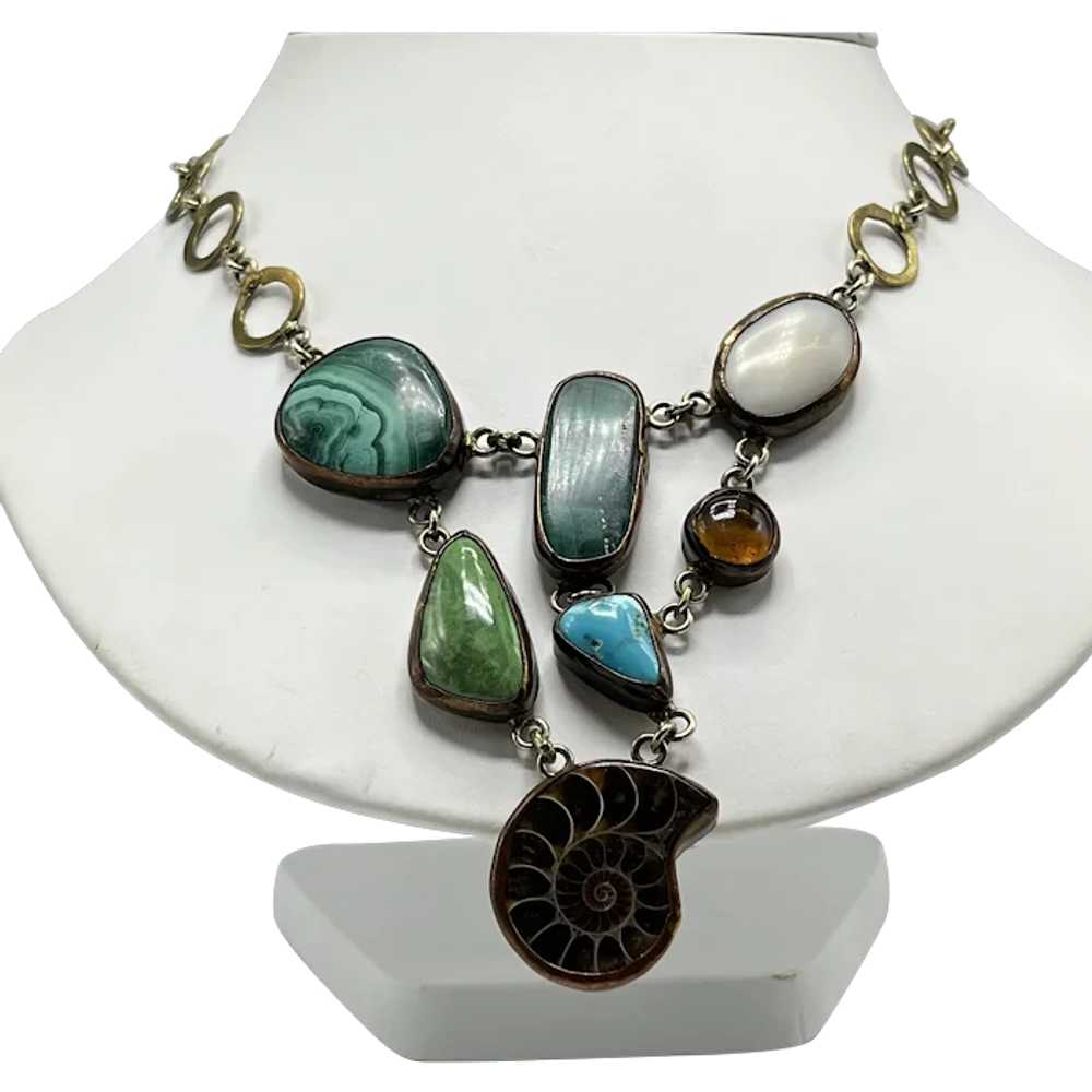 Brass, Multi-Stone, and Ammonite Fossil Link Neck… - image 1