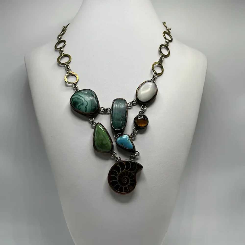 Brass, Multi-Stone, and Ammonite Fossil Link Neck… - image 2