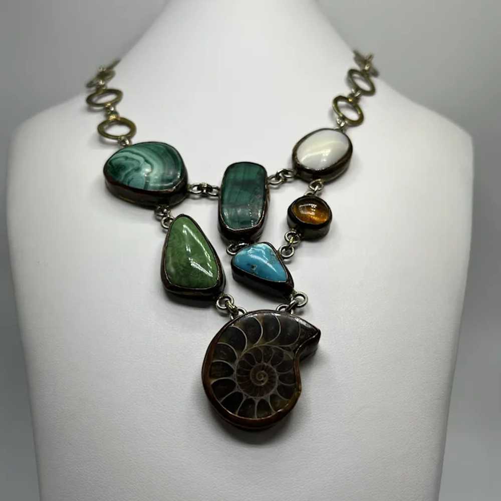 Brass, Multi-Stone, and Ammonite Fossil Link Neck… - image 3