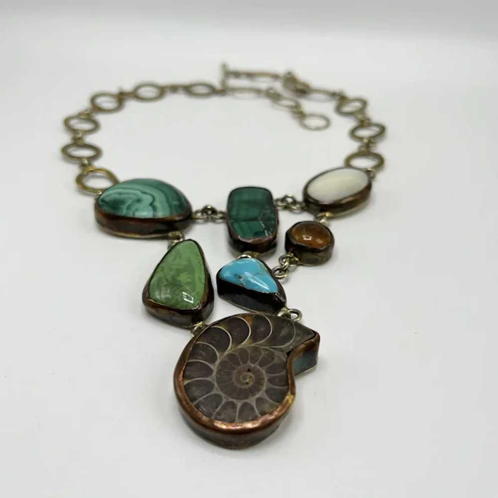 Brass, Multi-Stone, and Ammonite Fossil Link Neck… - image 5