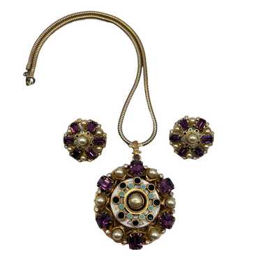 Amethyst Rhinestone Pearl Pendant and Earrings Set - image 1