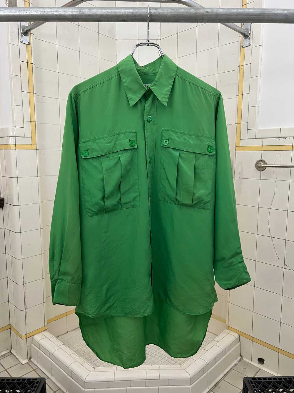 1980s Katharine Hamnett Green Silk Cargo Shirt - … - image 1