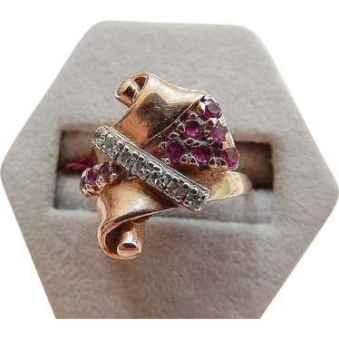 Ladies 14 karat  Diamond and Ruby Retro Ring